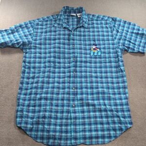 Disney‎ Store Men's Large Blue Plaid Mickey Mouse Short Sleeve Button Shirt Teal